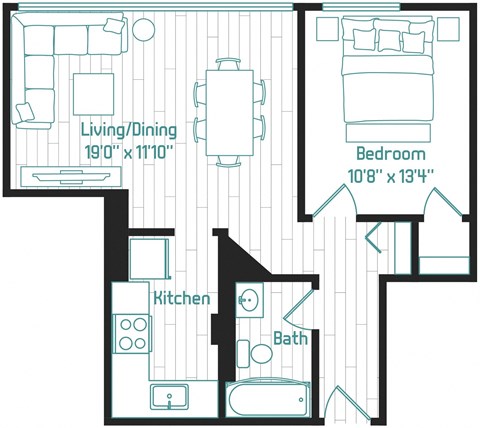 Floor plan for 1 bed, 1 bath, 625 sqft